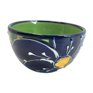 Vtg Green & Blue Flowered Hand Painted Bowl Hand Made In Spain 4.25 Leones